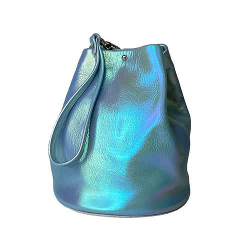Iridescent mesh bucket bag